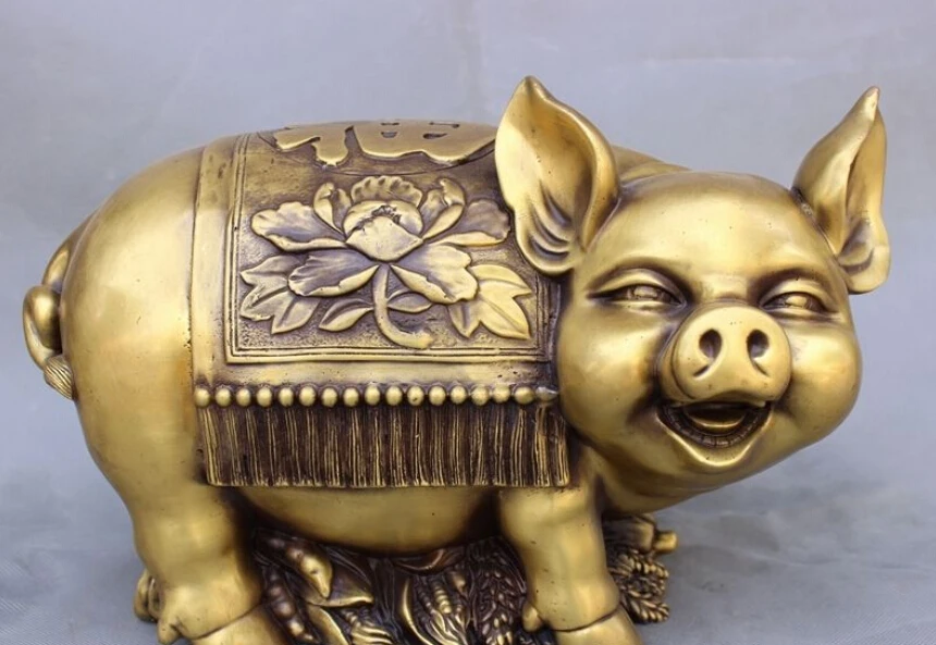 

13" Chinese Bronze Animals Year Zodiac Wealth Fu Pig Flower Statue Saving Pot