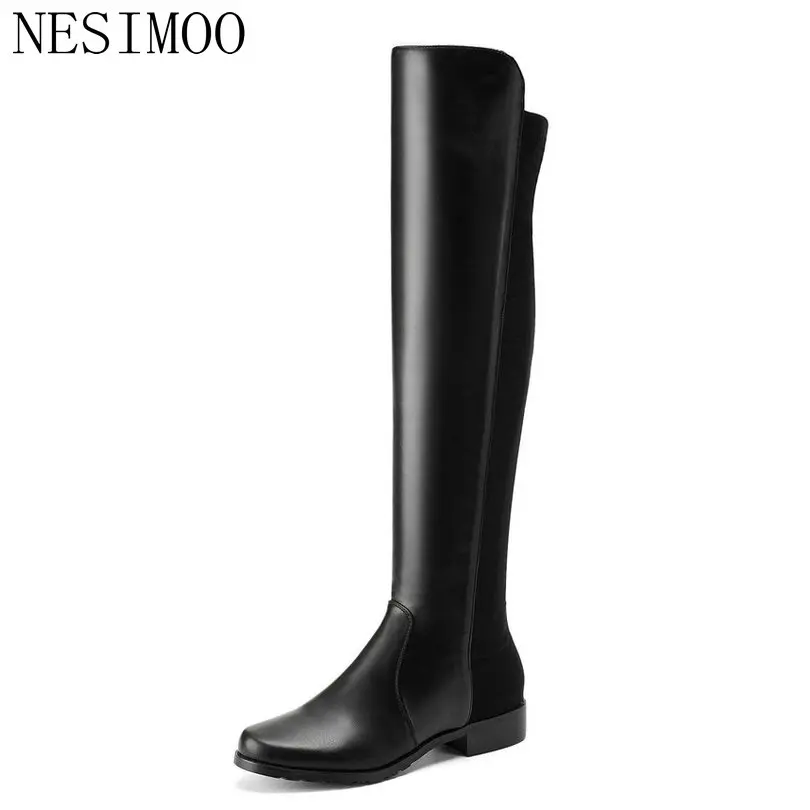 

NESIMOO 2019 Autumn Shoes Woman Knee High Boots Square Low Heel PU Leather+Lycra New Arrivals Ladies Casual Boots Size 34-43