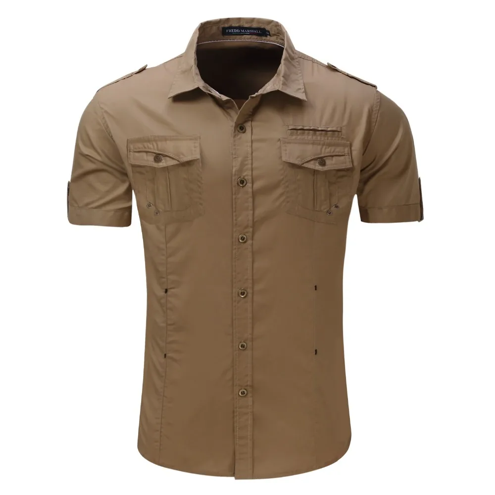 2022 New Arrive Mens Cargo Shirt Men Casual Shirt Solid Short Sleeve Shirts Multi Pocket Work Shirt Plus Size 100% Cotton 3