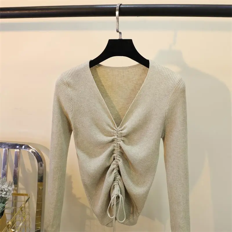 Casual Lace Up Knitted Sweater Women Skinny Slim Knitting Pull Femme Jumper Crop Top Winter Sweater Tricot Pullover Candy Colors (24)