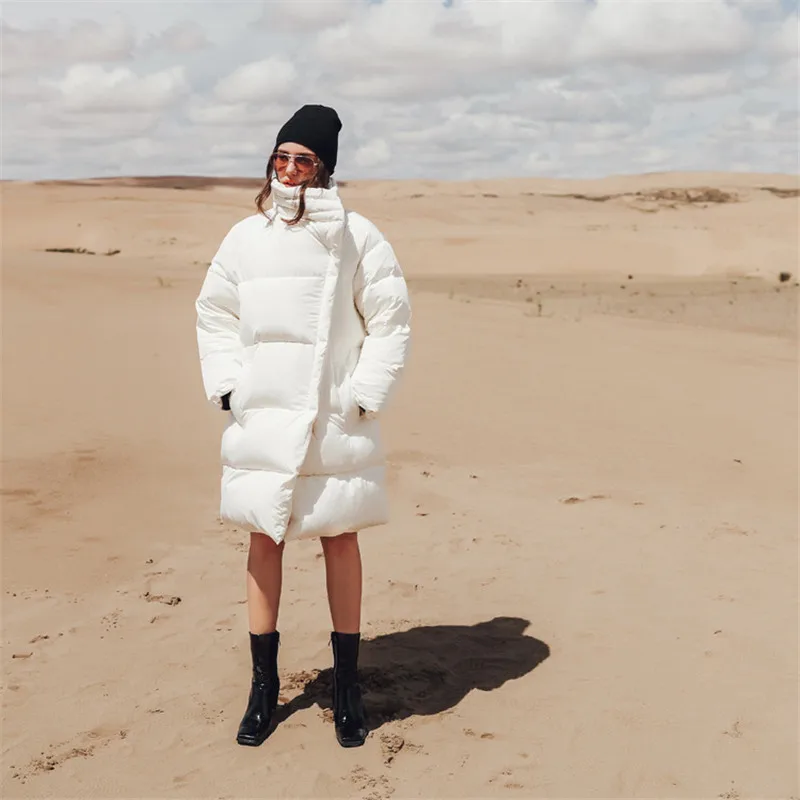 Европейский длинный свободный толстый теплый зимний женский пуховик с белым стоячим воротником, прямой Модный женский пуховик YY071