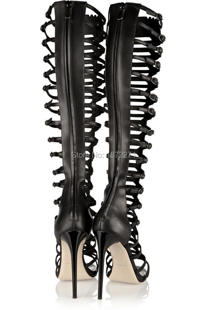 Дизайнерские брендовые черная кожа, с ремешками до колена высокие сапоги с пряжкой; из сетчатой ткани с длинными открытые ботинки с ремешками для лета с молнией сзади; американский размер 10