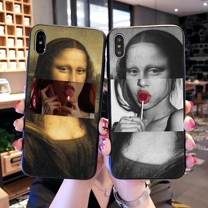 

Fashion interesting Spoof Mona Lisa Case For iPhone X XS MAX XR 6 6S 7 8 Plus 5 5S SE black Soft TPU Silicone Phone Coque Cover