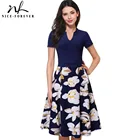 Save 6.21 on Nice-forever Vintage Stylish Print Floral Patchwork V-Neck Women Casual Office Dress Short Sleeve A-Line Swing Summer Dress A036