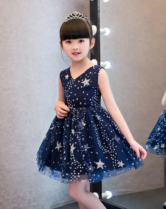 Элегантное детское платье с v-образным вырезом для маленьких девочек цельнокроеное платье-пачка из тюля с блестками и звездами От 3 до 14 лет