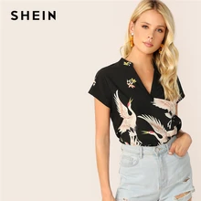 SHEIN Модная стильная женская блузка с v-образным вырезом и цветочным принтом фламинго и асимметричным подолом, черные летние топы с рукавами-крылышками
