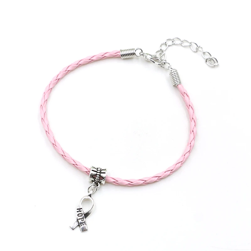Câncer de Mama Pingente de Couro Apto para Europeu Esperança Consciência Fita Charme Corda Cham Pulseira Artesanal Artesanato Diy 50 Pçs