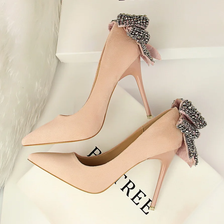 Г., женская обувь Туфли-лодочки с острым носком замшевые модельные туфли с бантом, стразы свадебные туфли на высоком каблуке 10,5 см - Цвет: Розовый