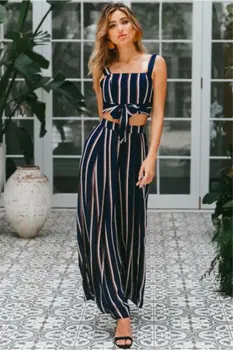 

Women Ladies Summer 2 Piece Outfits Sleeveless Off Shoulder Crop Top Striped Bobo Playsuit Bodycon Tops Loose Wide Leg Trousers