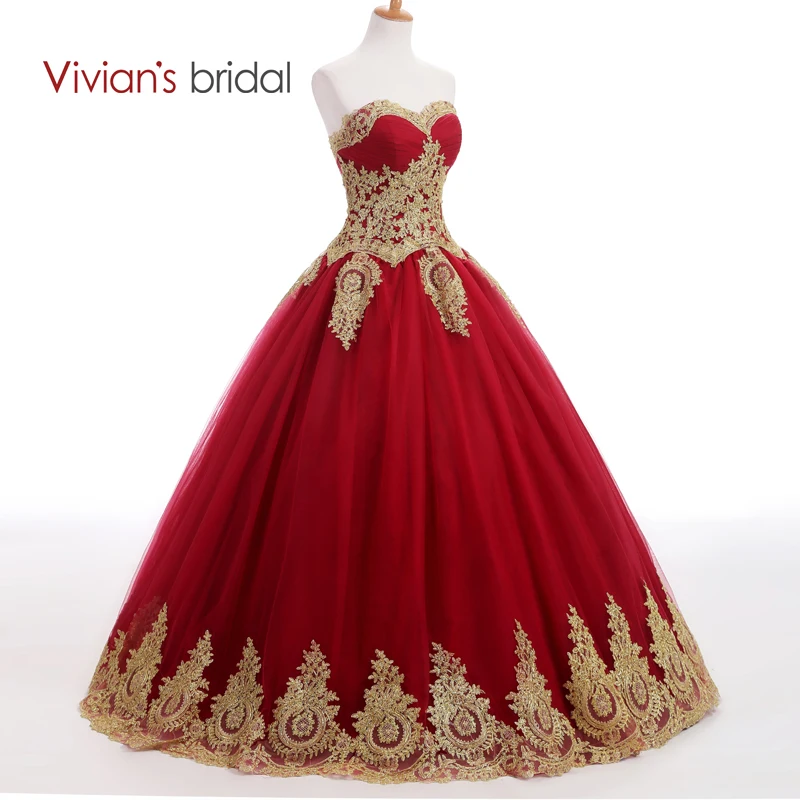 Платье Vivian's Bridal бордовое с сердечком длинное золотое кружевной аппликацией|muslim