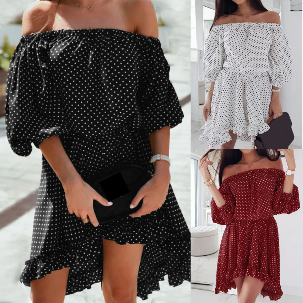 

Women Casual Polka Dot Print Off Shoulder Puff Sleeve Ruffled Beach made of high quality materials Mini Dress