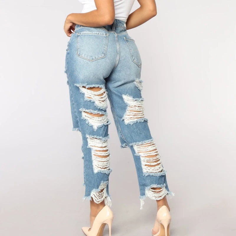 Сексуальные рваные джинсы для женщин в стиле бойфренд с высокой талией, рваные джинсы с вырезами в стиле рок, свободные прямые джинсы