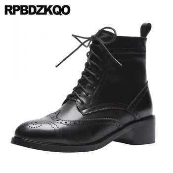 

Chunky Patent Leather Winter Black British Round Toe Brogue Fur Booties Combat Luxury Brand Shoes Women Military Lace Up Boots