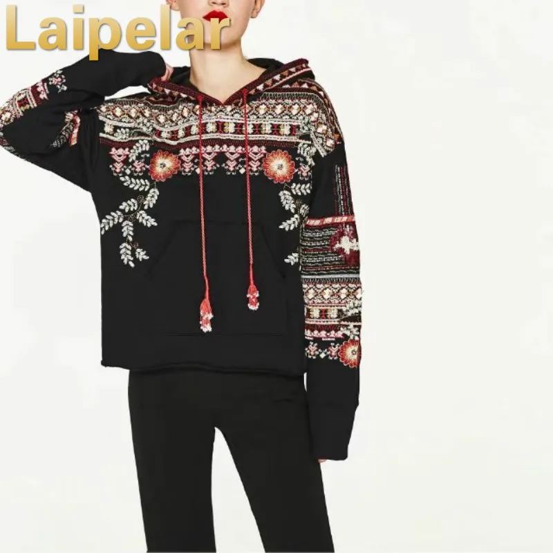 

Laipelar fashion sequin embroided hooded sweatshirts ladies embroidered pullover tops Autumn trend hoodies shirt