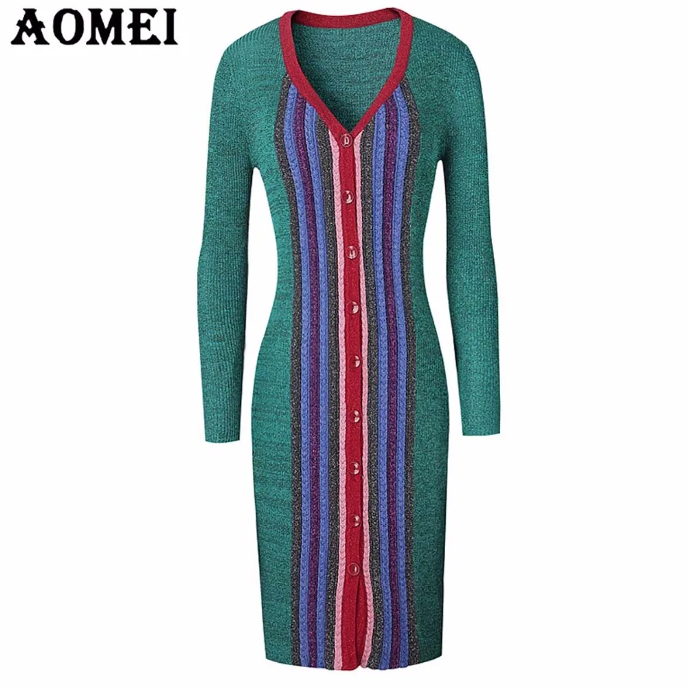 

2019 Women Winter Sweater Dress Long Knit Wear Fall Fashion Knitted Green Striped Free Size with Button Femme Longue Robes