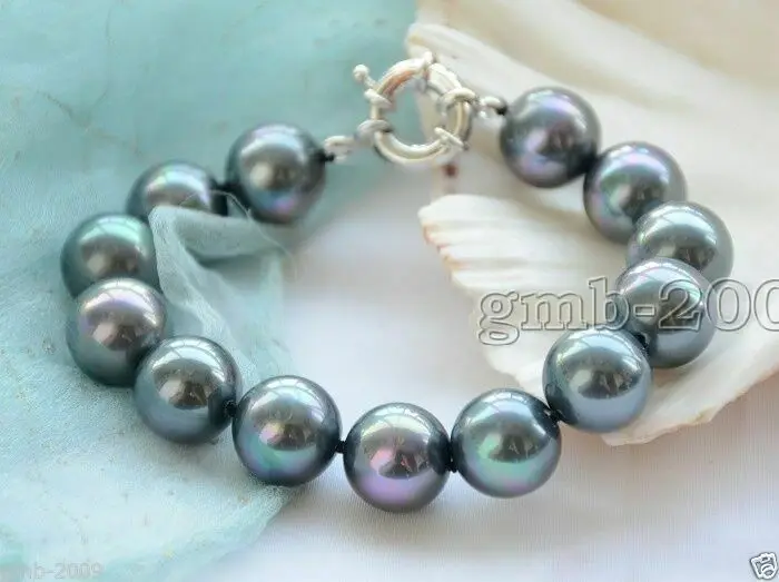 Редкий " 12 мм настоящий павлин черный Южно-морской корпус жемчужный браслет BRACELETAAA aaaaaaaa