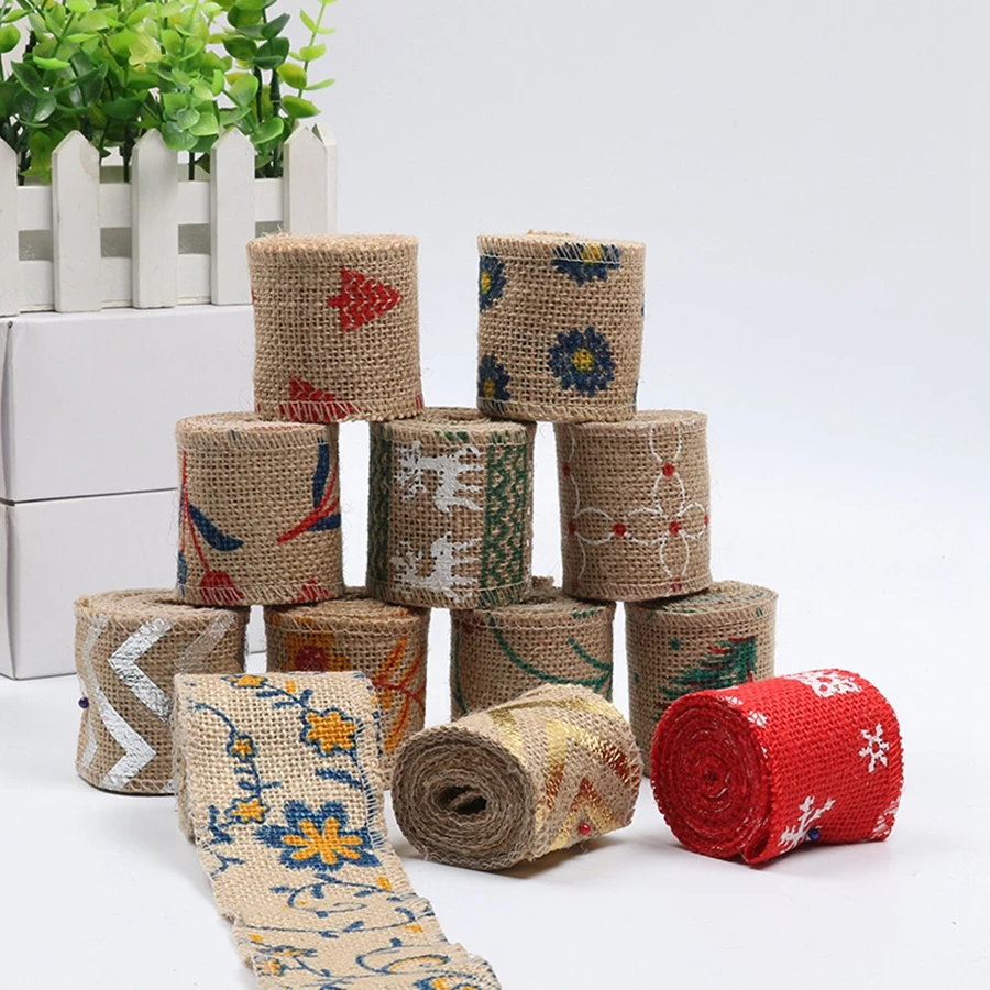 

10*2meters/package Christmas Decorative Ribbons Print Hemp Jute burlap Webbing for Wedding Party Jute Fabric Lace