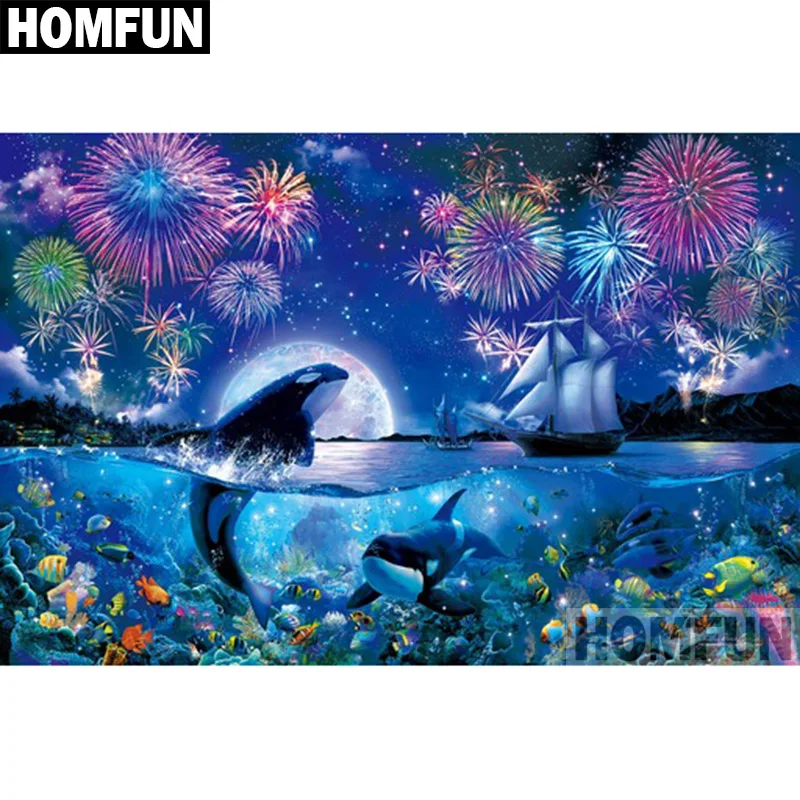 Алмазная живопись HOMFUN A00728 картина Дельфин фейерверк с полными