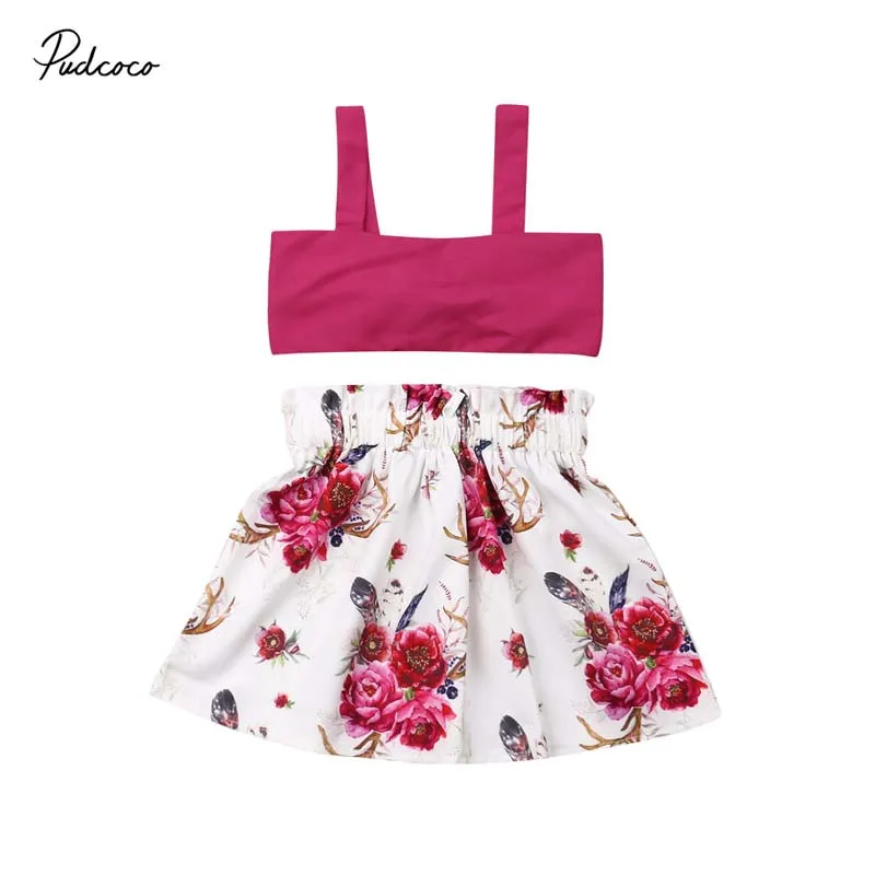 

2019 Brand Toddler Kids Baby Girl Solid Bowknot Crop Tops Floral Skirt 2PCS Outfits Toddler Clothing Set Sunsuit Summer New