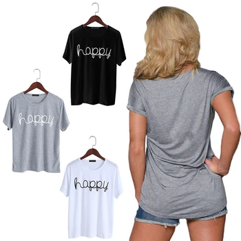 

Summer Casual Happy Printed Women Shirt Harajuku Solid Short Sleeve Top Tee