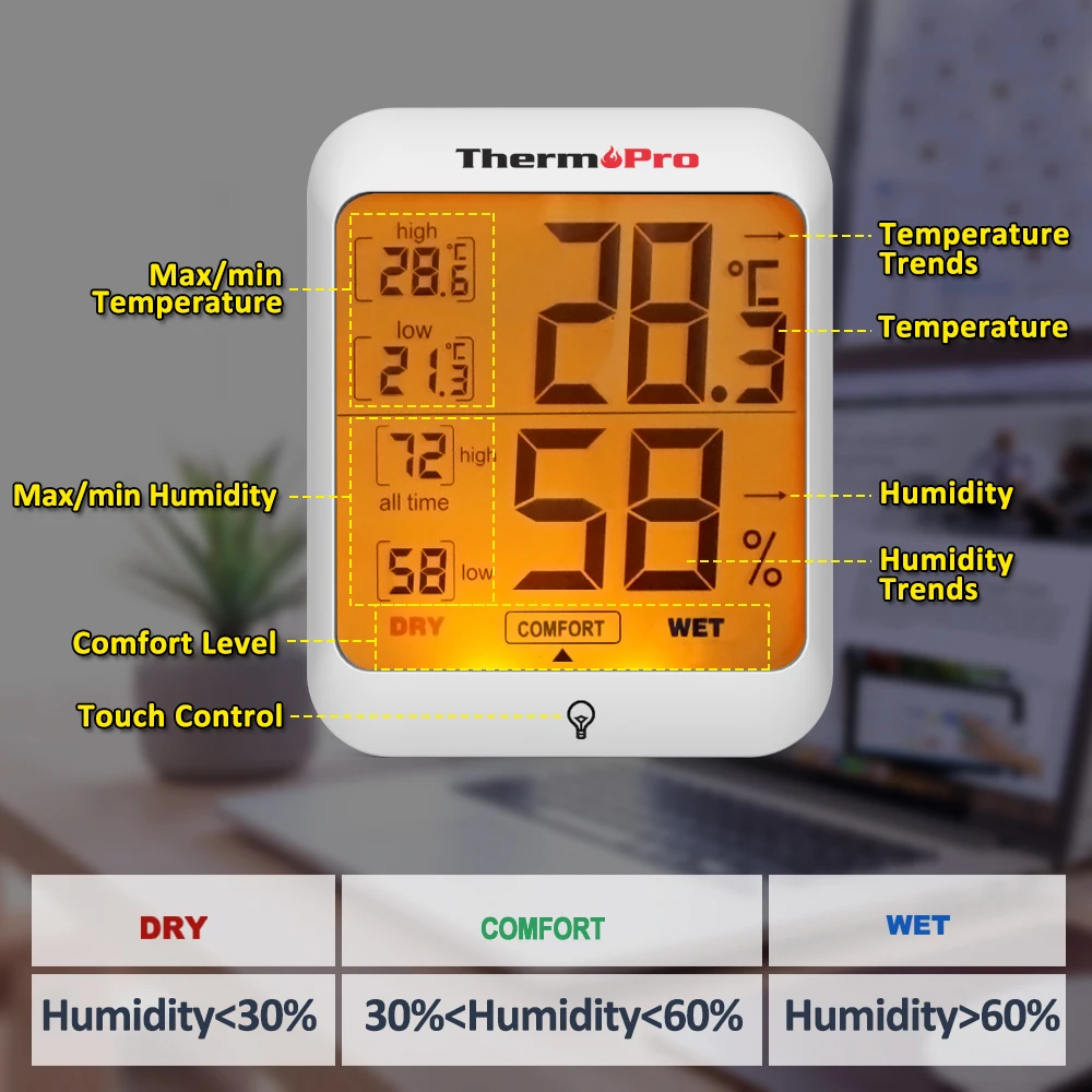 Thermopro TP53 цифровые термометры для помещений и гигрометры Метеостанция комнатный термометр с сенсорным задним светильник