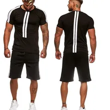 Мужские футболки из 2 предметов, спортивный костюм, Мужская футболка, эластичная летняя Толстовка+ штаны на шнурке, Мужская однотонная Повседневная футболка