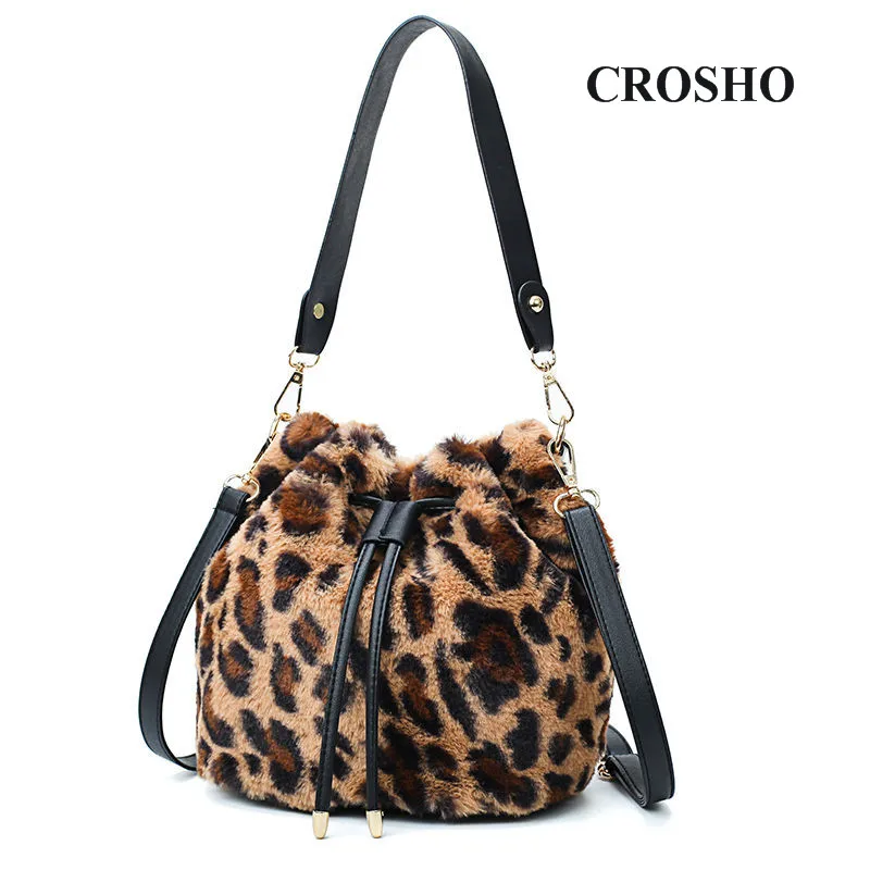

CROSHO Leopard Print Small Bag Plush Bag Female Broadband Single Shoulder Bag Portable Cross Body Velour Bucket