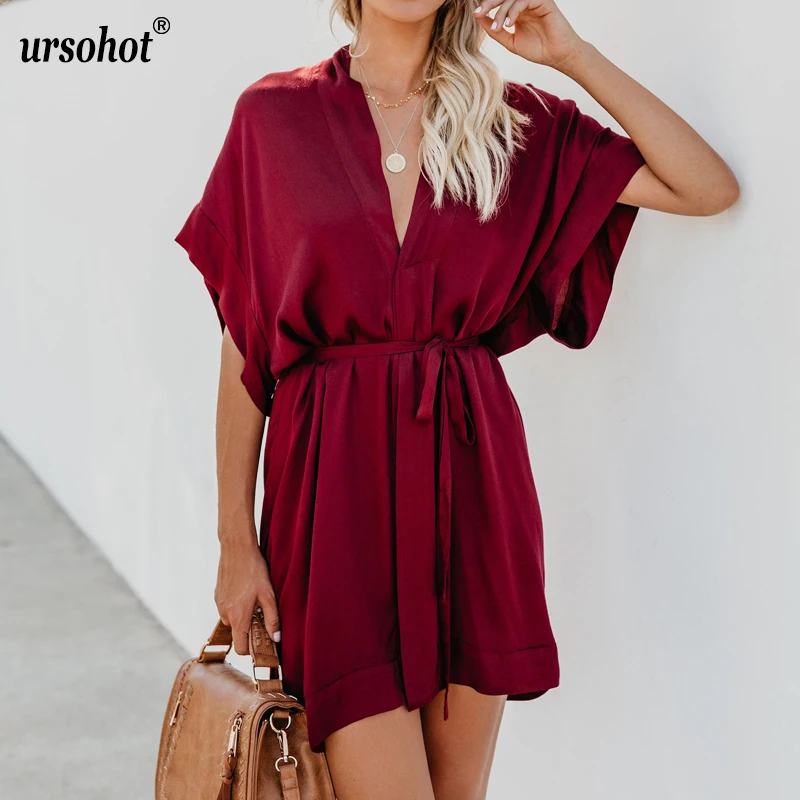 Ursohot/летнее модное хлопковое мини платье с v образным вырезом высокой талией