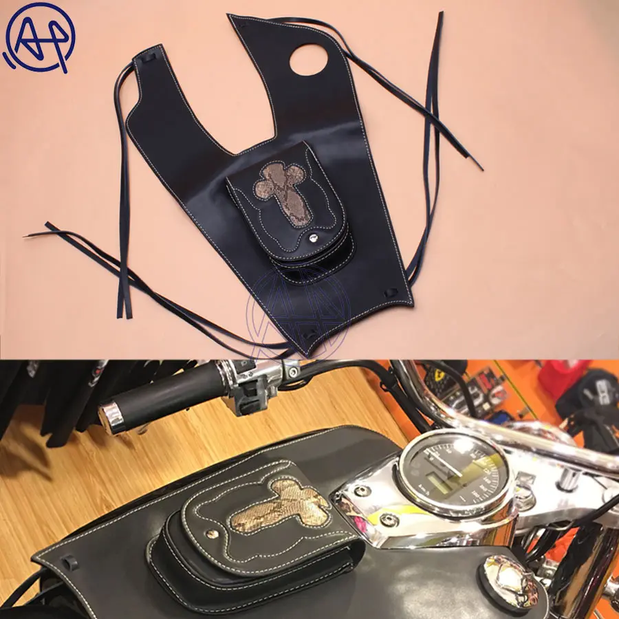 

Black Leather Tank Chap Cover Panel Pad Bib Bra Bag with Pouch for Honda Shadow VT750 C2 C4 RC50 RC53 2004-2011