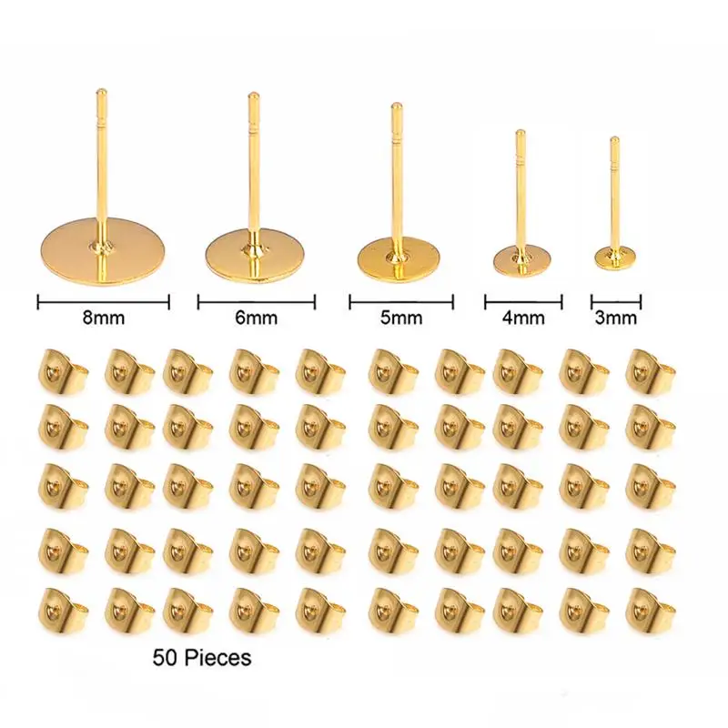50 шт. серьги из нержавеющей стали Пустые Базовые настройки подходят для 3~ 8 мм смешанный размер подставка для кабошона ушной пост DIY Изготовление сережек - Цвет: gold