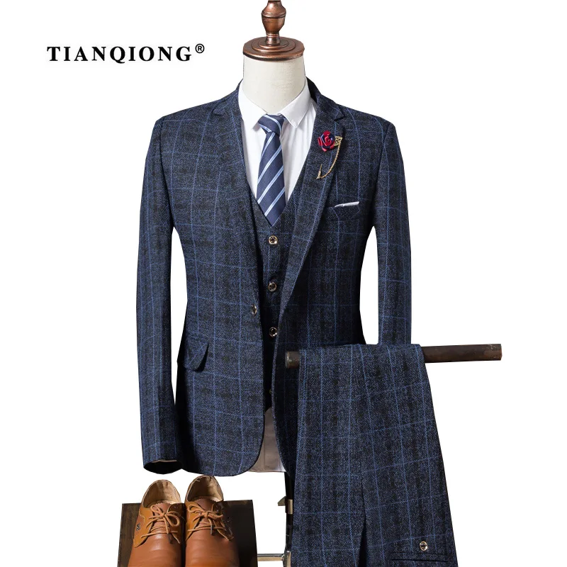 TIAN QIONG мужской свадебный костюм, осень, приталенный мужской деловой костюм с модным принтом, 3 предмета, костюмы для жениха, смокинг, пиджак TQZ065 - Цвет: Синий