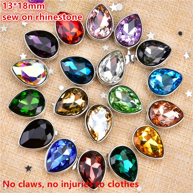 

15pcs Drop Shape Glass Rhinestone With no Claw Sew On Teardrop Crystal Stone Strass Diamond Metal Base Buckle Wedding Decoration