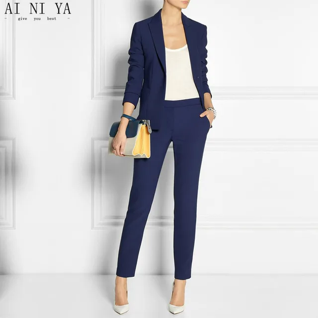 Navy Blue Slim Fit Womens Business Suits Female Office Uniform Navy Blue Slim Fit Womens Business Suits Female Office Uniform Elegant Pant Suit Las Trouser