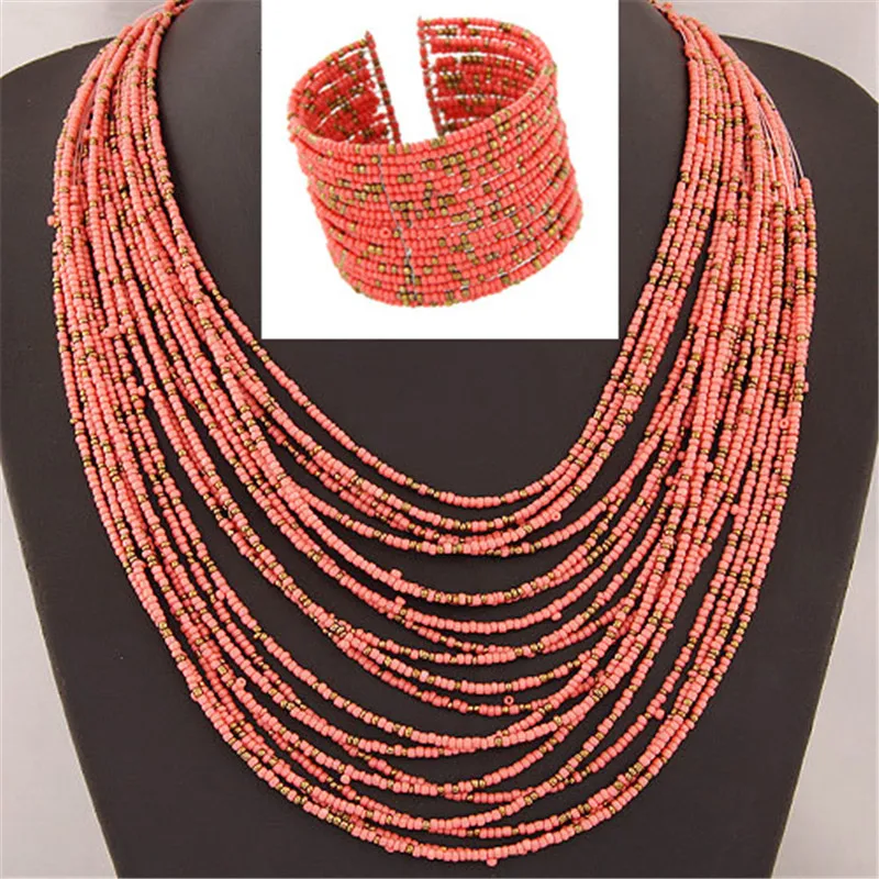 DIEZI African Acrylic Beads Jewelry Sets Bohemia Necklaces Bangles Women Fashion Statement Multilayer Necklace New Jewelry Set