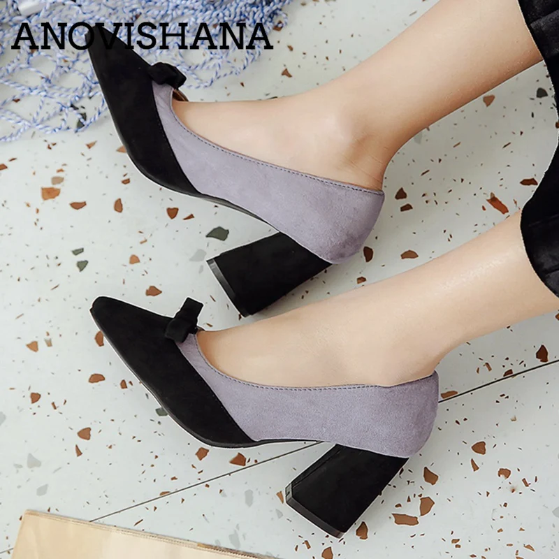 

ANOVISHANA Shoes woman High heels Ladies pumps Pointed toe Flock Patchwork Butterfly-knot Apricot Purple Big size 30-47