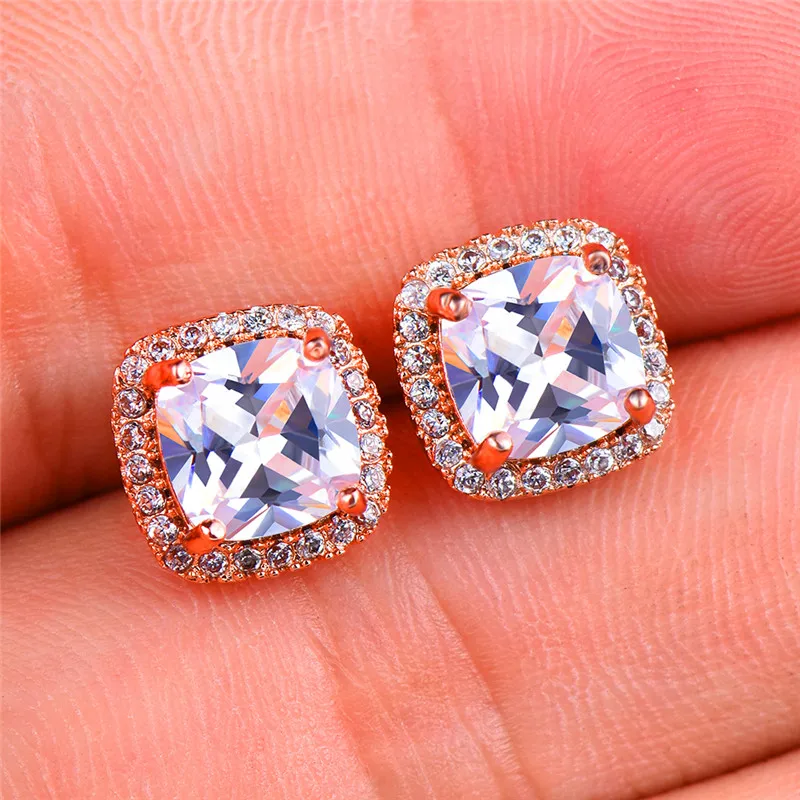 

Luxury Female Crystal White Stone Earrings Fashion Rose Gold Wedding Earrings Vintage Double Stud Earrings For Women
