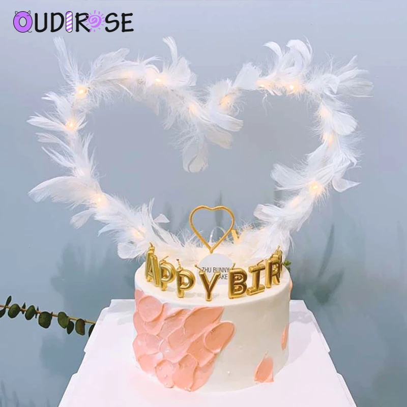 OUDIROSE Крылья Ангела из перьев Топпер для торта в форме сердца для свадьбы День рождения выпечки Десерт День Святого Валентина украшения торта