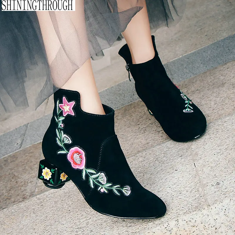 

2019 suede leather embroider women high heels boots flower ankle boots ladies party shoes woman large size 41 42 43