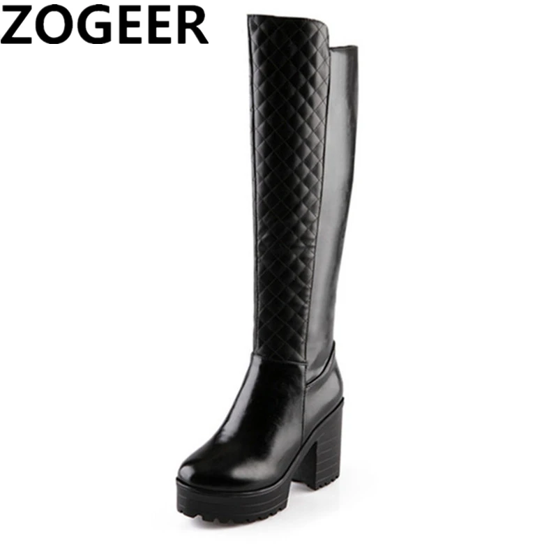 

2019 Winter Women Fur Snow Boots Sexy Square High Heel PU Leather Knee High Boots Casual Platform Punk Shoes Woman Black white