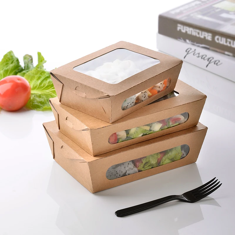 

3 size Kraft Paper Salad Box Disposable Water Proof Takeaway Lunch Fruit Box Camping Supplies Dinnerware 100pcs/lot SK724