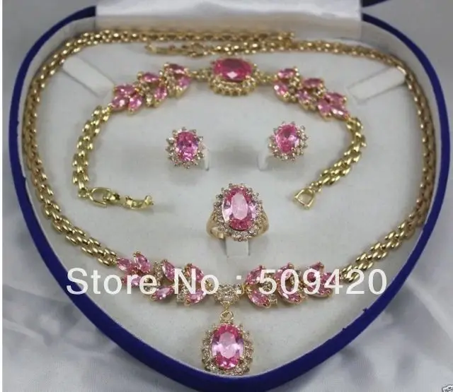 

Free Shipping Wholesale>>>18K GP natural pink zircon necklace 18 "bracelet 7.5" Earring Ring