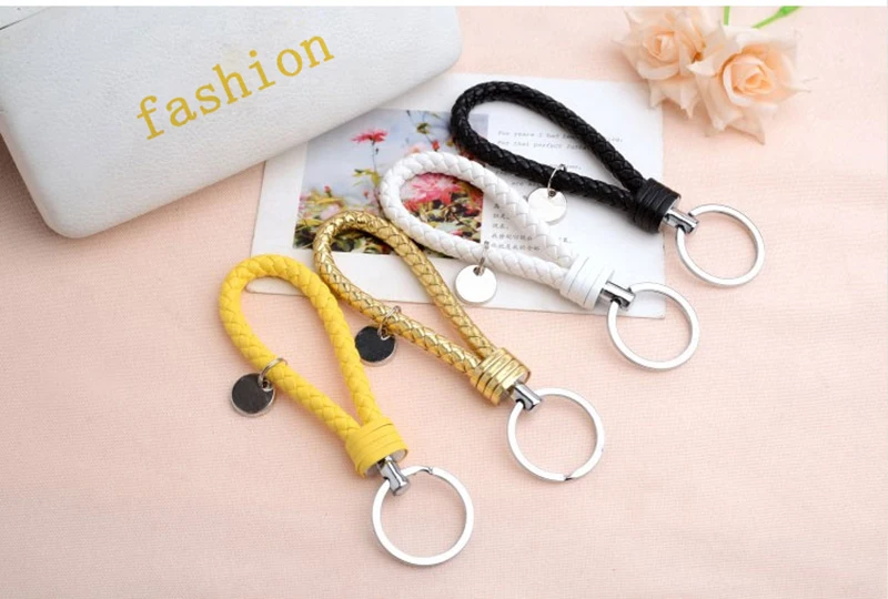 15 colores moda PU cuero cuerda tejida llavero Metal llavero hombres mujeres llavero cadena anillo coche Llaveros bolso colgante encanto