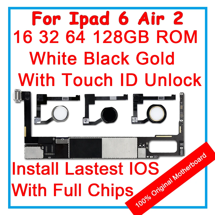 

16GB 32GB 64GB 128GB 100% Original Motherboard For Ipad 6 Air 2 Unlocked With Touch ID Mainboard IOS Logic board With All Chips