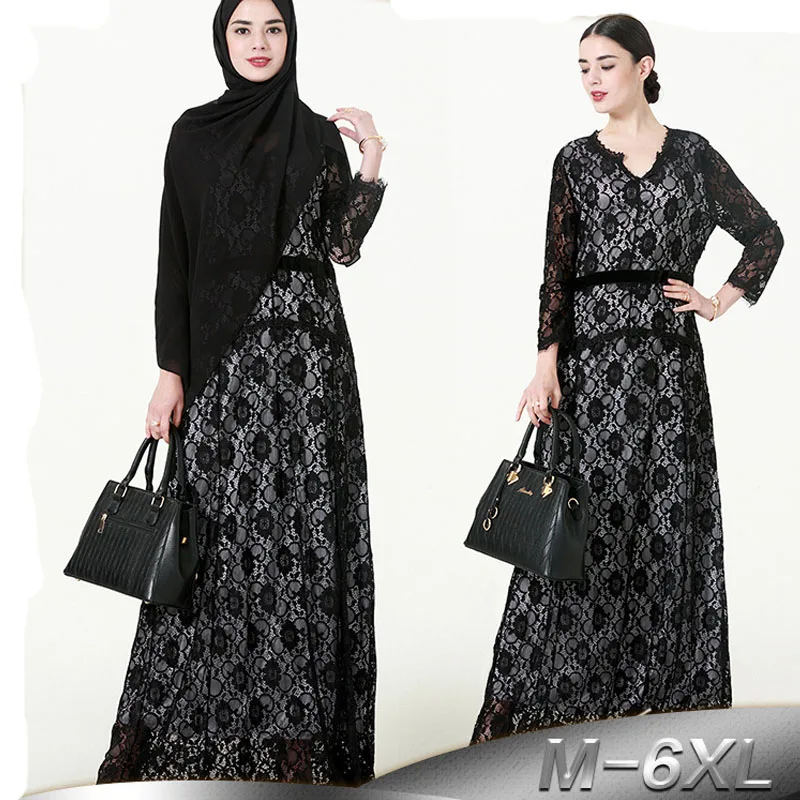 6XL 2019 кружева абайя, Кафтан Дубай Арабский мусульманский платье хиджаб Vestidos Катар джилбаба платья Хиджаб турецкий Elbise Исламская Костюмы