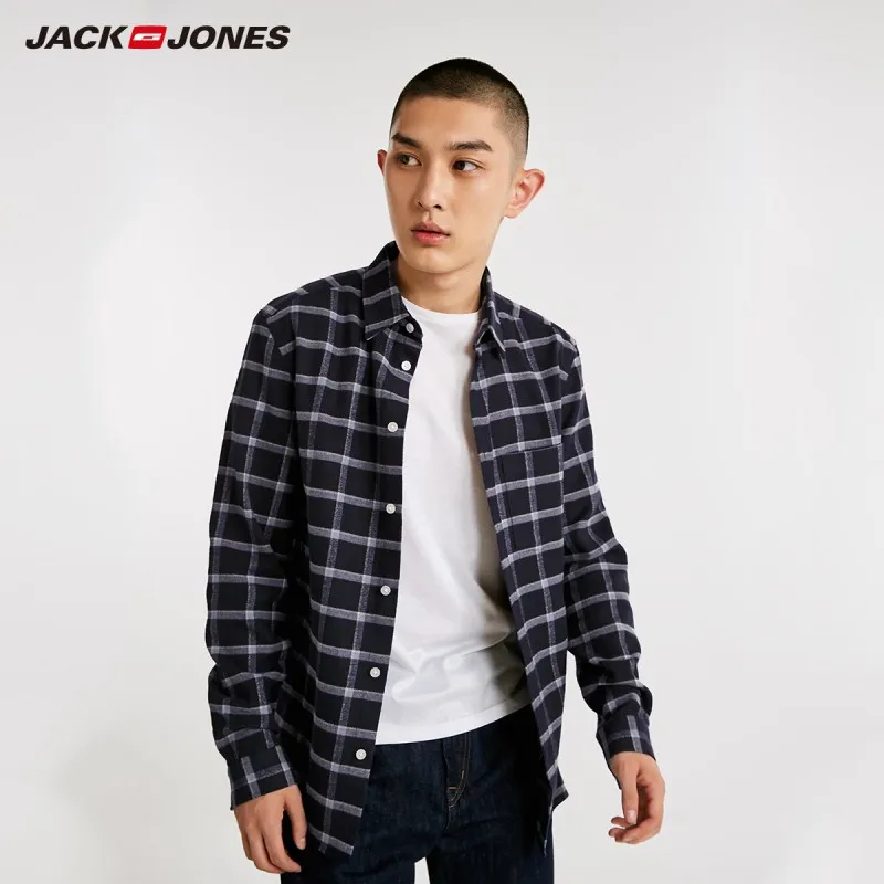 JackJones Мужская Осенняя эластичная хлопковая клетчатая рубашка с длинными рукавами 218405533