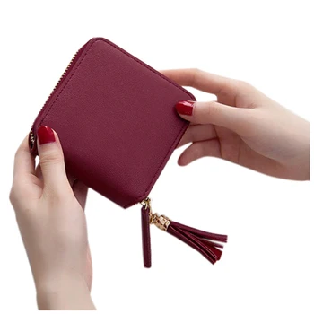 

Women Card Holder Solid Color Tassel Pendant Coin Cash Purse PU Leather Short Square Wallet(Wine red)