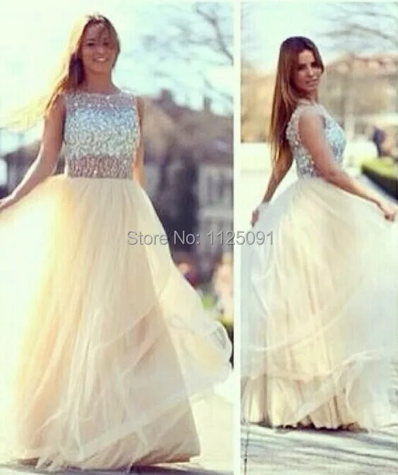 

New Champagne A-line Sheer Crystal Sequined Prom Dresses 2019 A Line Full Length Sleeveless Tulle Long Evening Gowns Custom Made