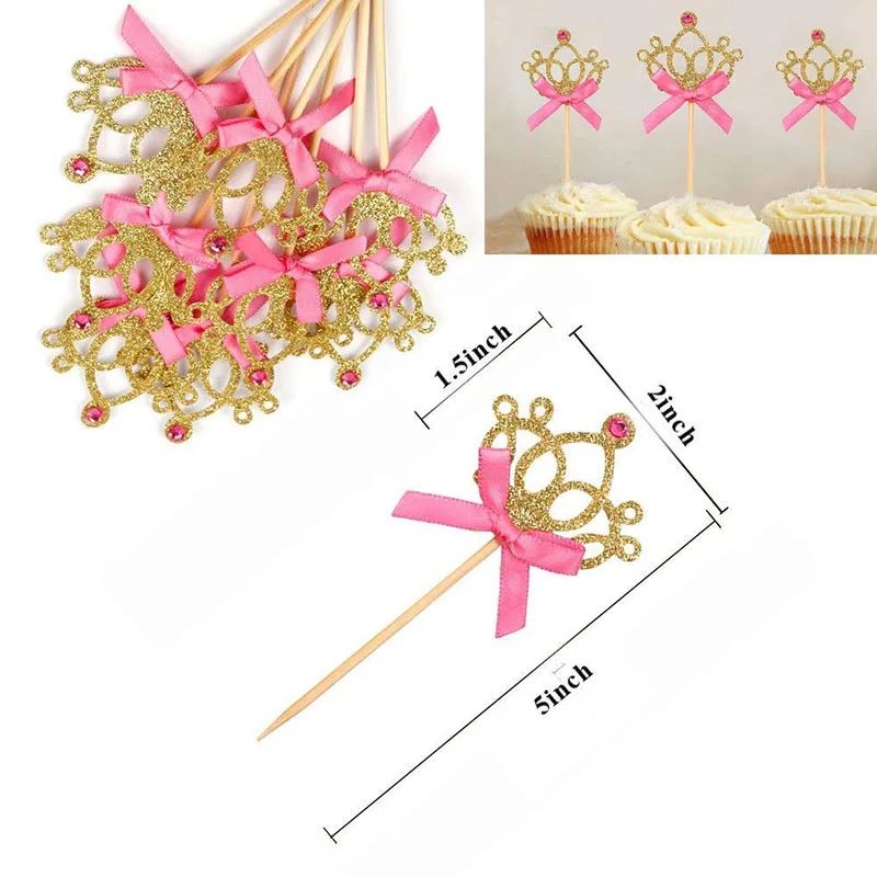 10pcs Gold Crown Cupcake Toppers Wedding Table Decoration Kids Birthday Bachelorette Party Baby Shower Supplies
