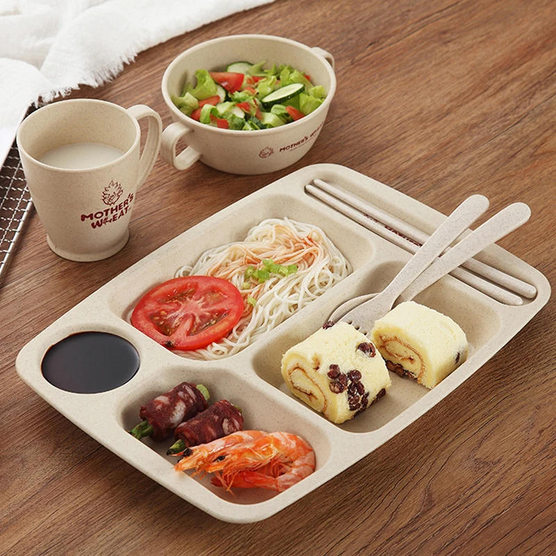 

Wheat Straw Children's Dinner Plate Set Grid Student Breakfast Plate Home Bowl Spoon Cutlery Six-piece Suit Square Dish Meal Pla
