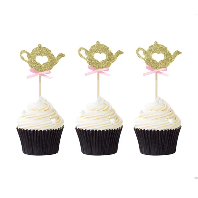 

10pcs Bridal Shower Gold Tea Party Cupcake Topper Girl Birthday Dessert Decorations Tea Kettle Cup Cupcake Toppers Free Shipping